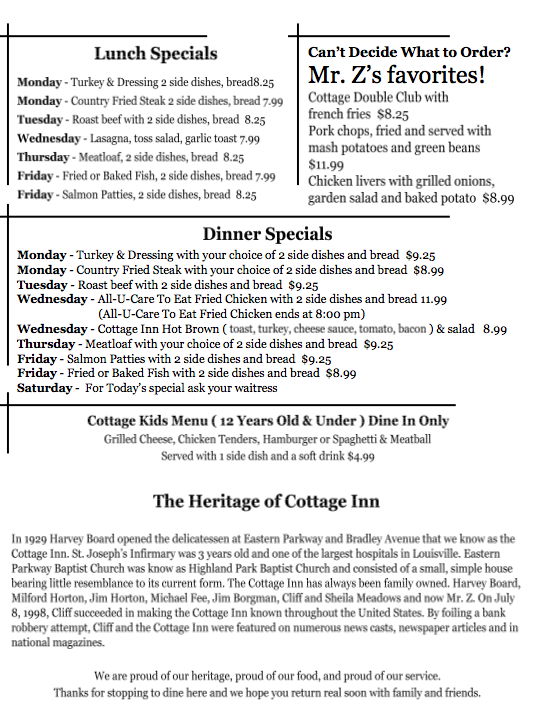Online Menu Of Cottage Inn Restaurant Louisville Kentucky 40217