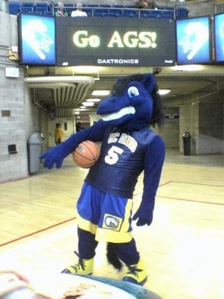 gunrock the aggie mascot at a basketball game inside the arc