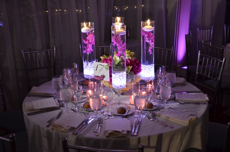 Centerpiece pin spot lighting for wedding at The Battery Gardens