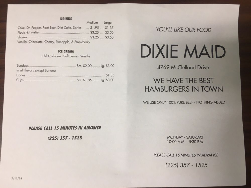 Online Menu Of Dixie Maid Drive In Restaurant Baton Rouge
