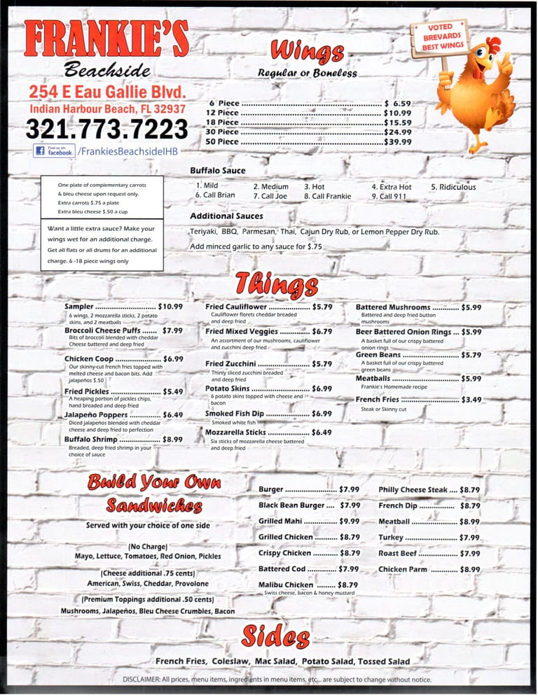 Frankie’s Beachside Chicken Wings 254 E Eau Gallie Blvd, Indian
