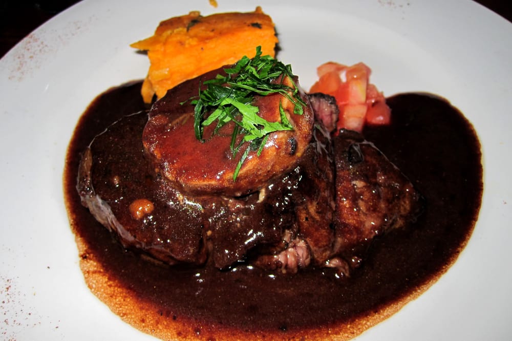 tournedos rossini (seared filet mignon w/ foie gras pate in a port