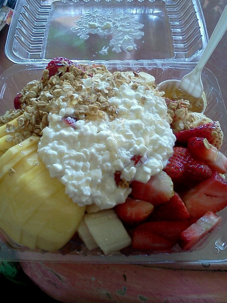 Fruit salad with cottage cheese, granola, and honey Yelp