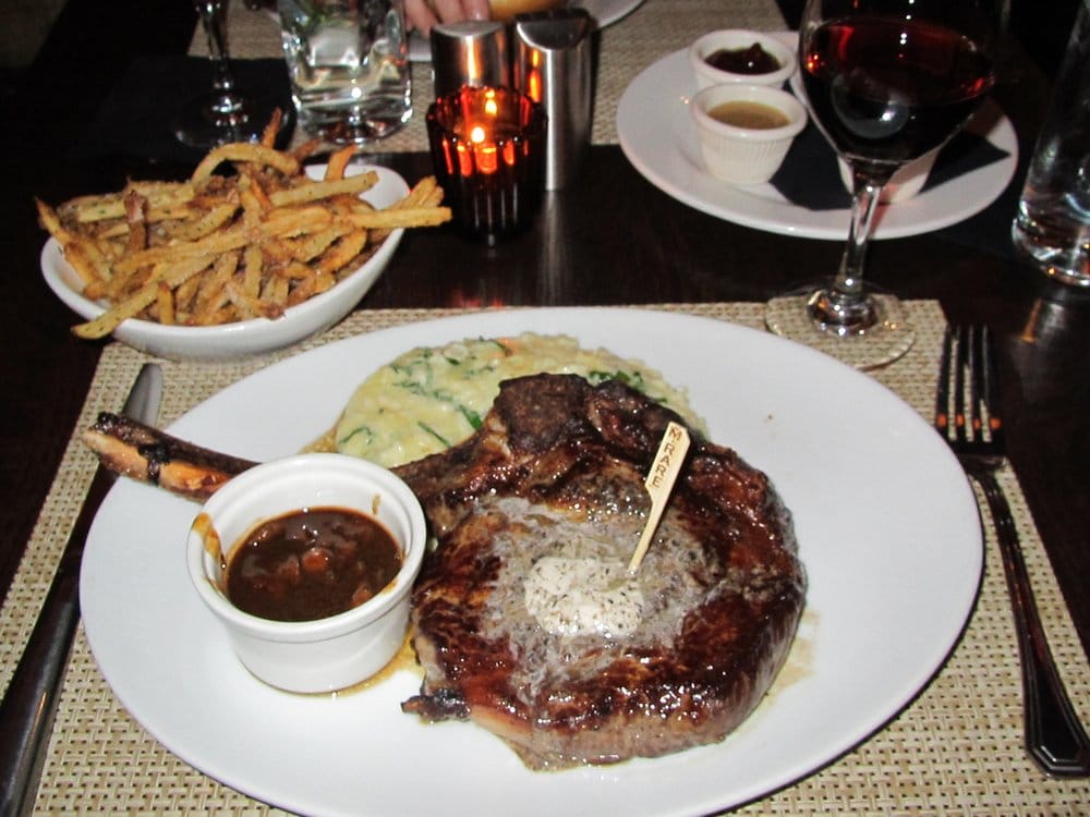 cowboy ribeye steak topped w red wine mushroom sauce, w truffle spinach risotto Yelp cowboy ribeye steak topped w red wine mushroom sauce, w truffle spinach risotto Yelp