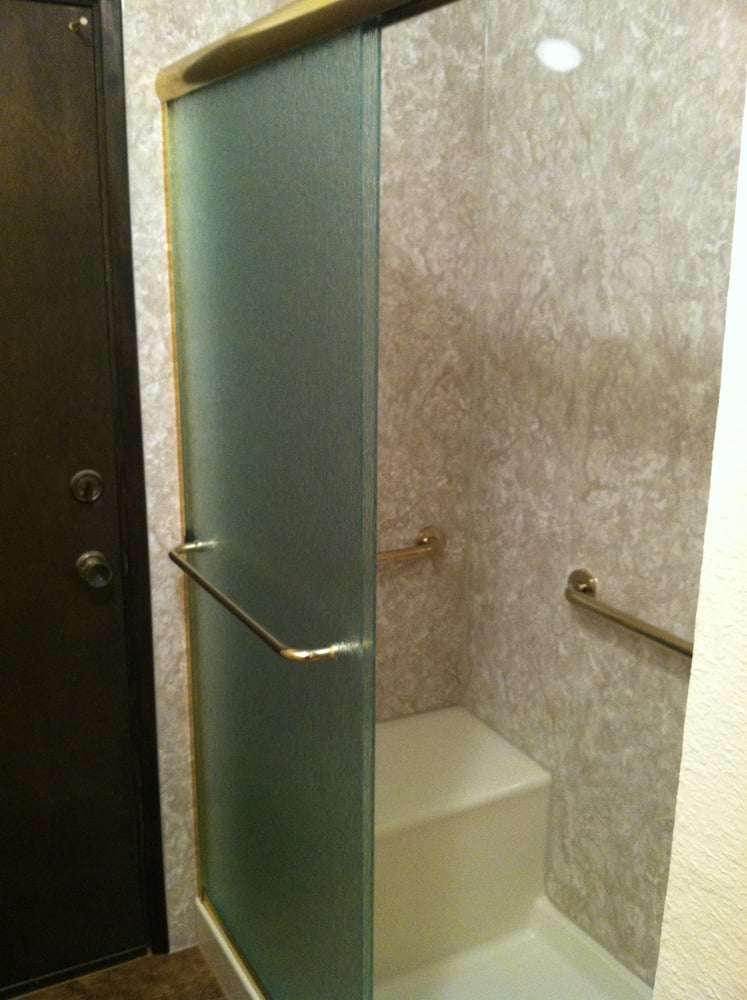 Bath Wrap with Moroccan Marble walls, 1/4" sliding glass door, built in