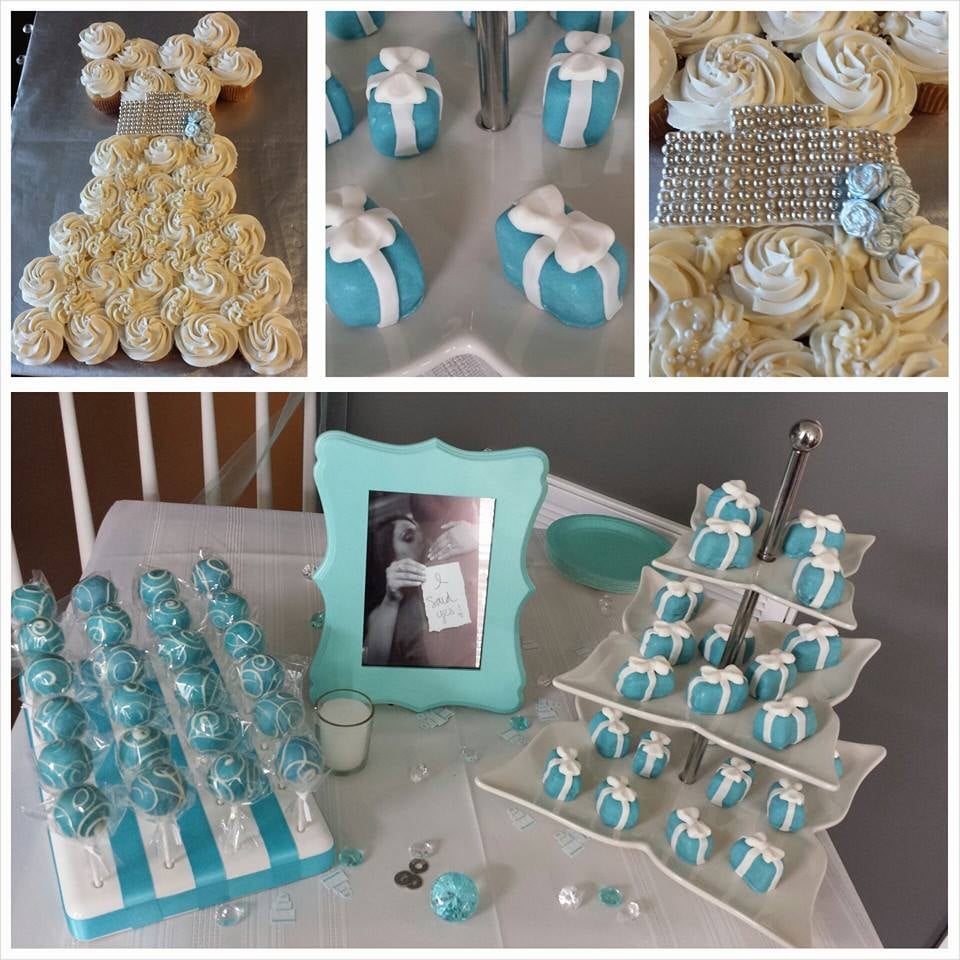 Tiffany & Co Bridal Shower Dessert Table; pull out cupcake cake Yelp